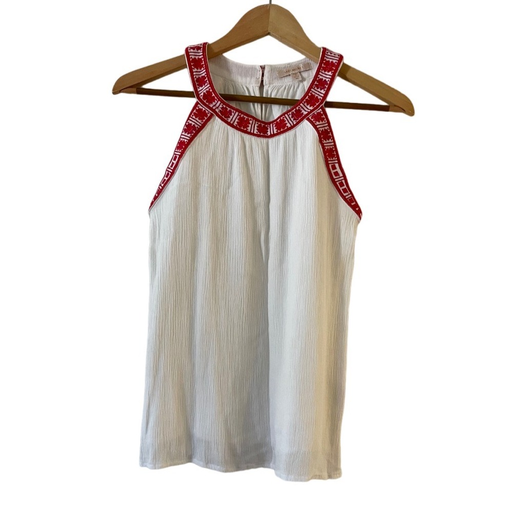 Skies Are Blue Embroidered Halter Top Crinkle Gauze Blouse Size M White
